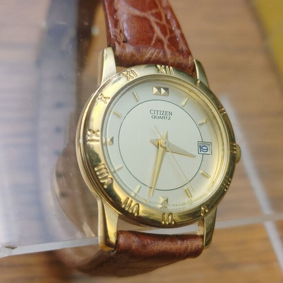 Citizen Quartz Watch Vintage Gold Tone Roman Numeral Face Date Brown Leather main image 12
